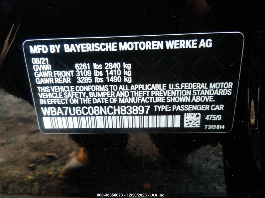 2022 BMW M760I XDRIVE WBA7U6C08NCH83897
