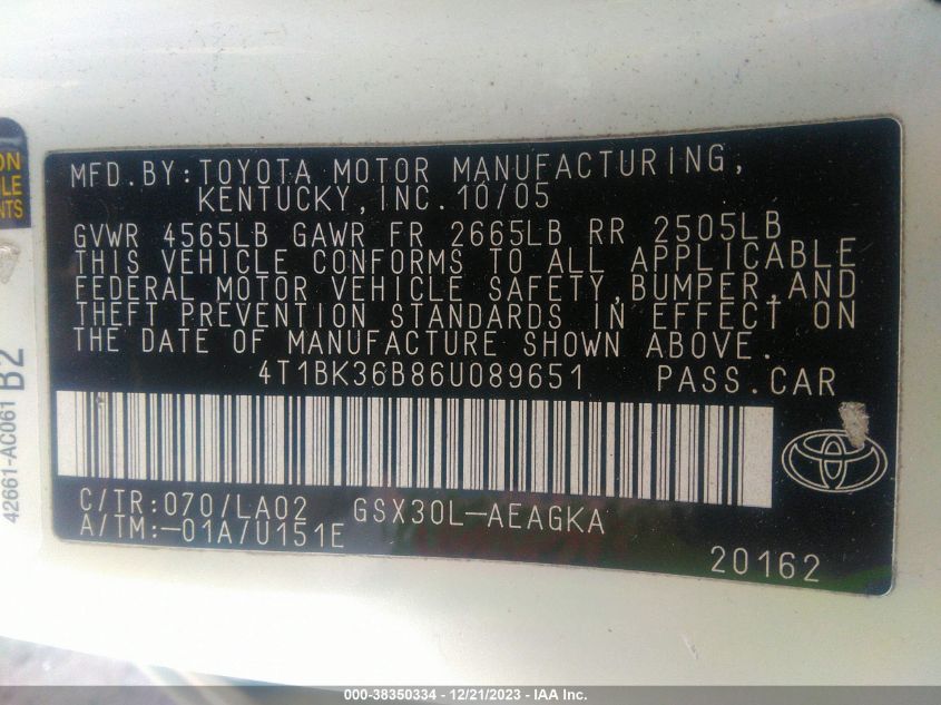 4T1BK36B86U089651 2006 Toyota Avalon Xls