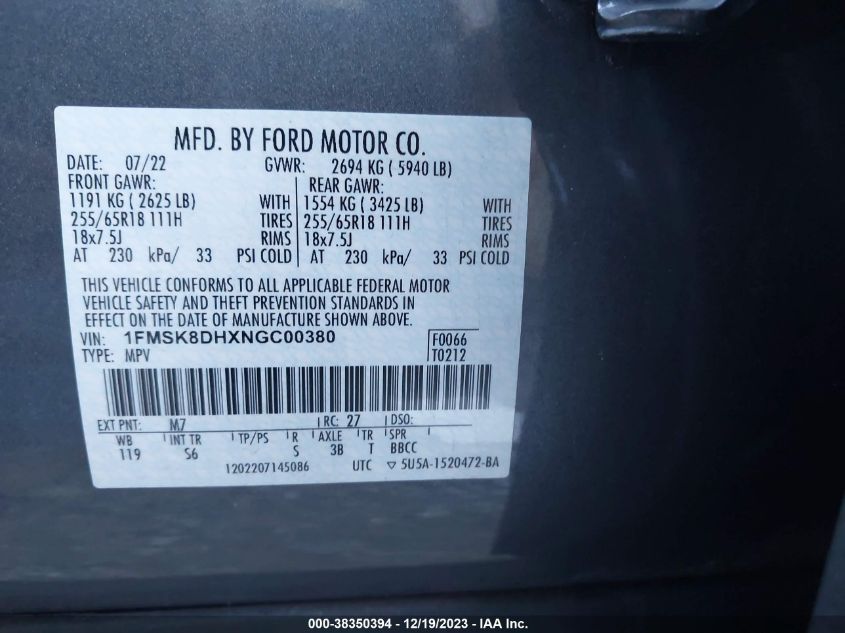 1FMSK8DHXNGC00380 2022 Ford Explorer Xlt