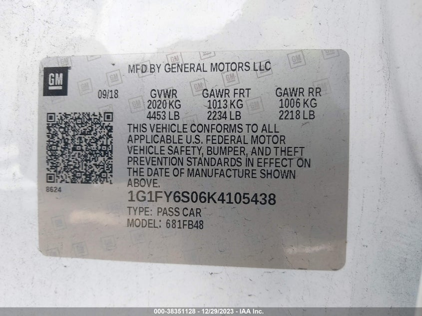 2019 CHEVROLET BOLT EV LT - 1G1FY6S06K4105438