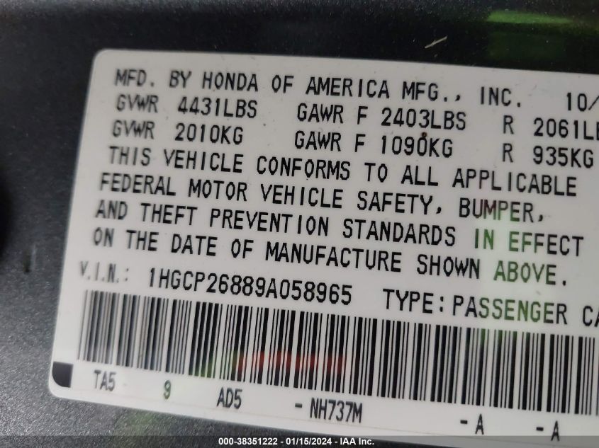 1HGCP26889A058965 2009 Honda Accord 2.4 Ex-L