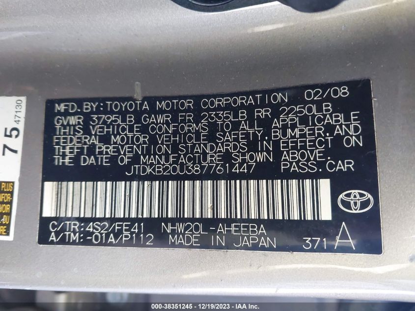 2008 Toyota Prius Standard VIN: JTDKB20U387761447 Lot: 38351245