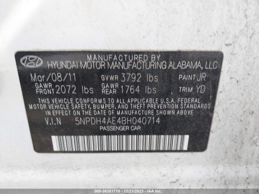 5NPDH4AE4BH040714 2011 Hyundai Elantra Gls