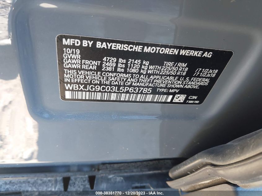 WBXJG9C03L5P63785 2020 BMW X1 xDrive28I