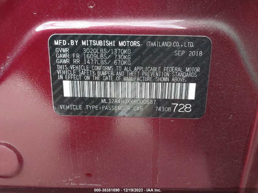 ML32A4HJXKH000587 2019 Mitsubishi Mirage Se