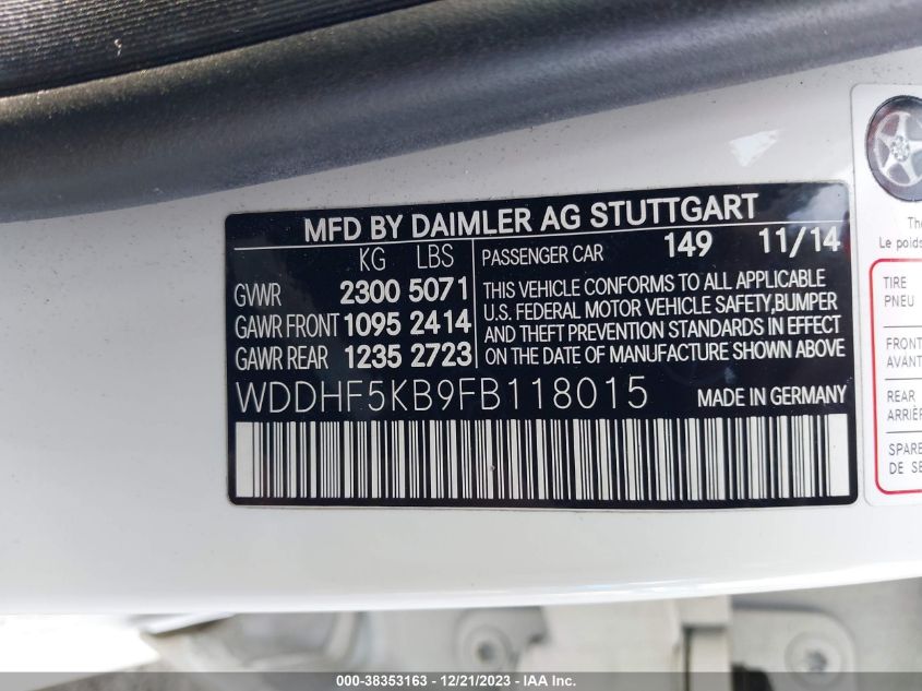 WDDHF5KB9FB118015 2015 Mercedes-Benz E 350