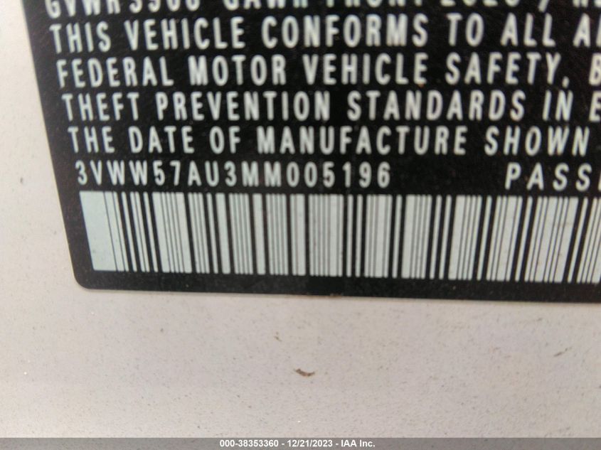 2021 Volkswagen Golf 1.4T Tsi VIN: 3VWW57AU3MM005196 Lot: 38353360