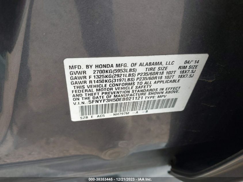 5FNYF3H50EB021121 2014 Honda Pilot Ex-L