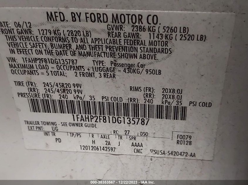 2013 Ford Taurus Limited VIN: 1FAHP2F81DG135787 Lot: 38353567