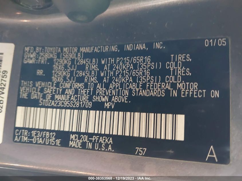 5TDZA23C95S281709 2005 Toyota Sienna Le