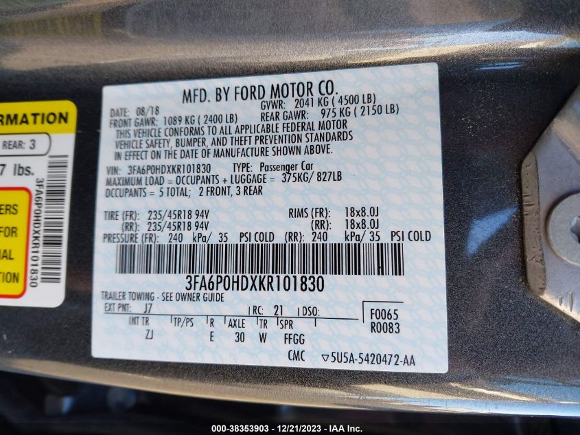 3FA6P0HDXKR101830 2019 Ford Fusion Se