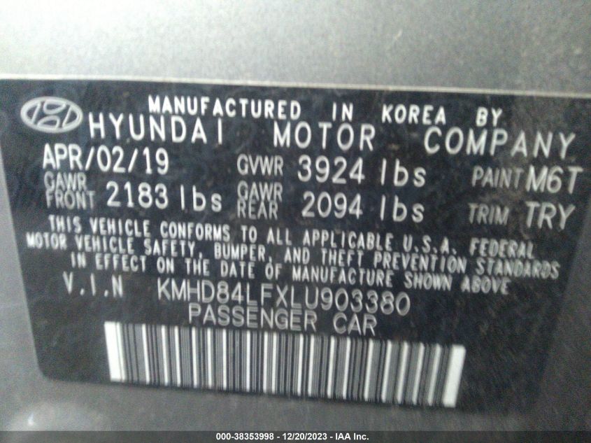 KMHD84LFXLU903380 2020 Hyundai Elantra Sel