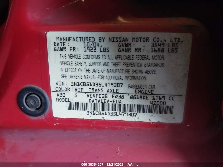 2005 Nissan Sentra 1.8S VIN: 3N1CB51D35L479307 Lot: 38354207