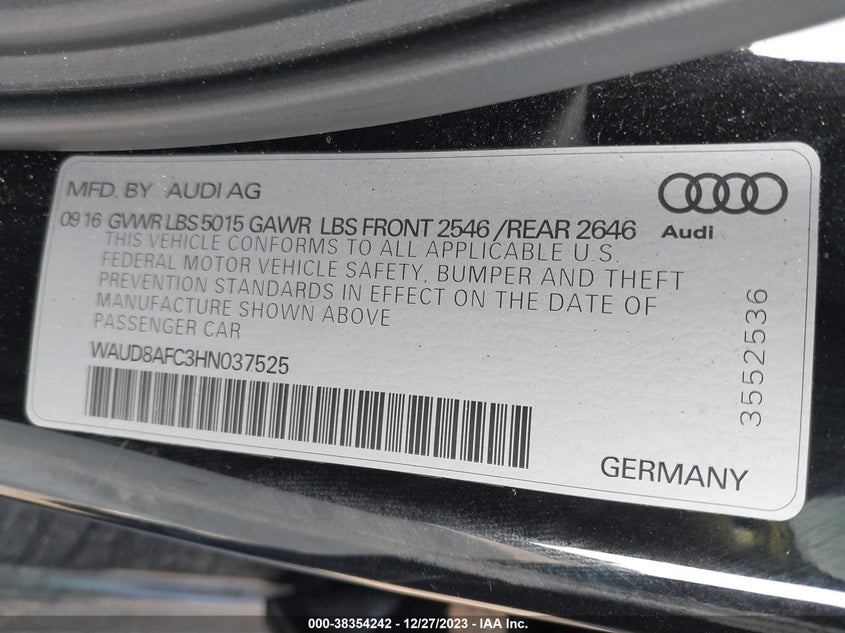 2017 AUDI A6 VIN: WAUD8AFC3HN037525