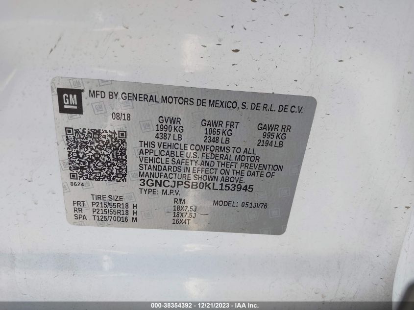 3GNCJPSB0KL153945 2019 Chevrolet Trax Lt