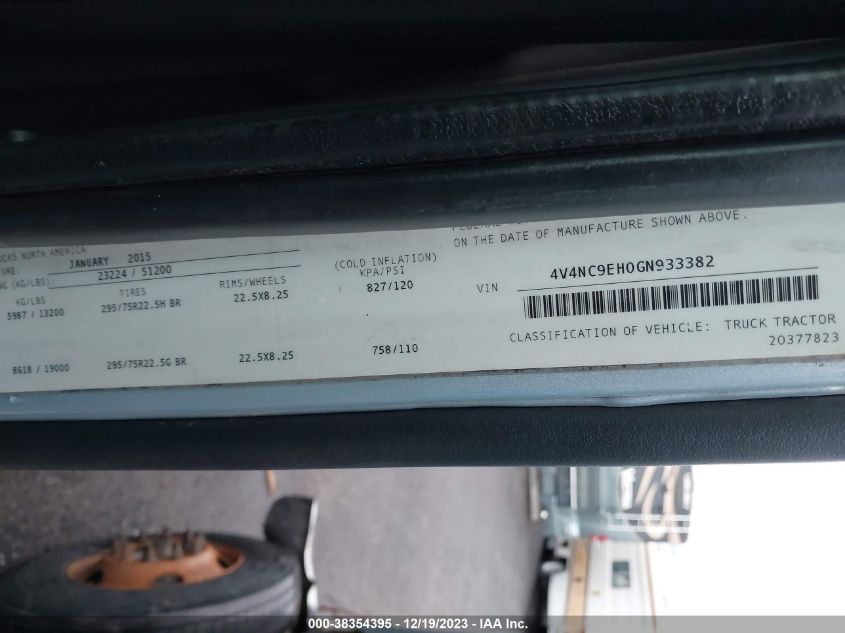 2016 Volvo Vn Vnl VIN: 4V4NC9EH0GN933382 Lot: 38354395