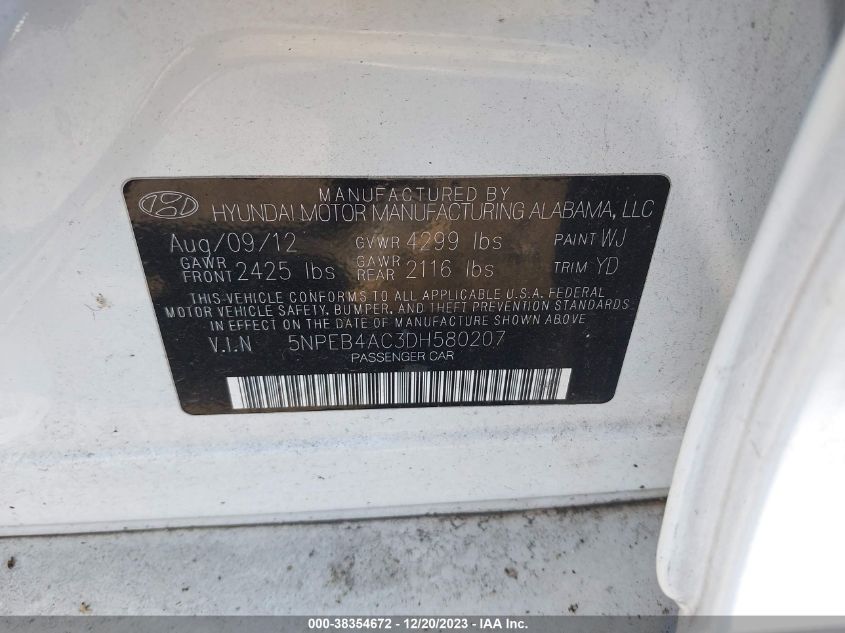 5NPEB4AC3DH580207 2013 Hyundai Sonata Gls