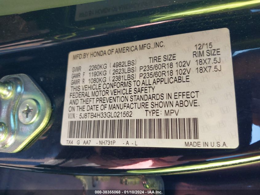 5J8TB4H33GL021562 2016 Acura Rdx Acurawatch Plus Pkg/Base (A6)