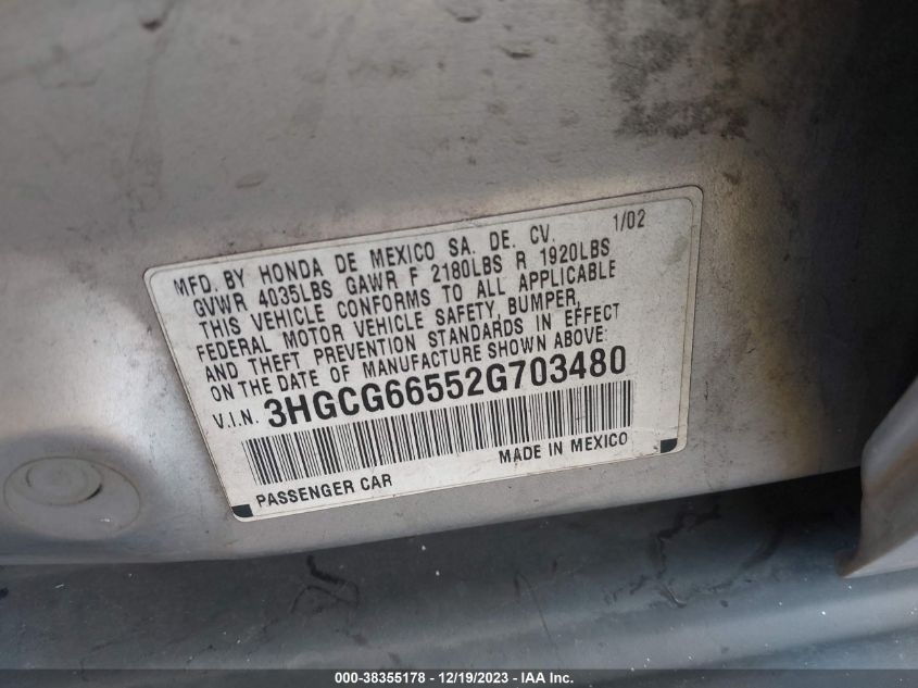 3HGCG66552G703480 2002 Honda Accord Sdn Lx