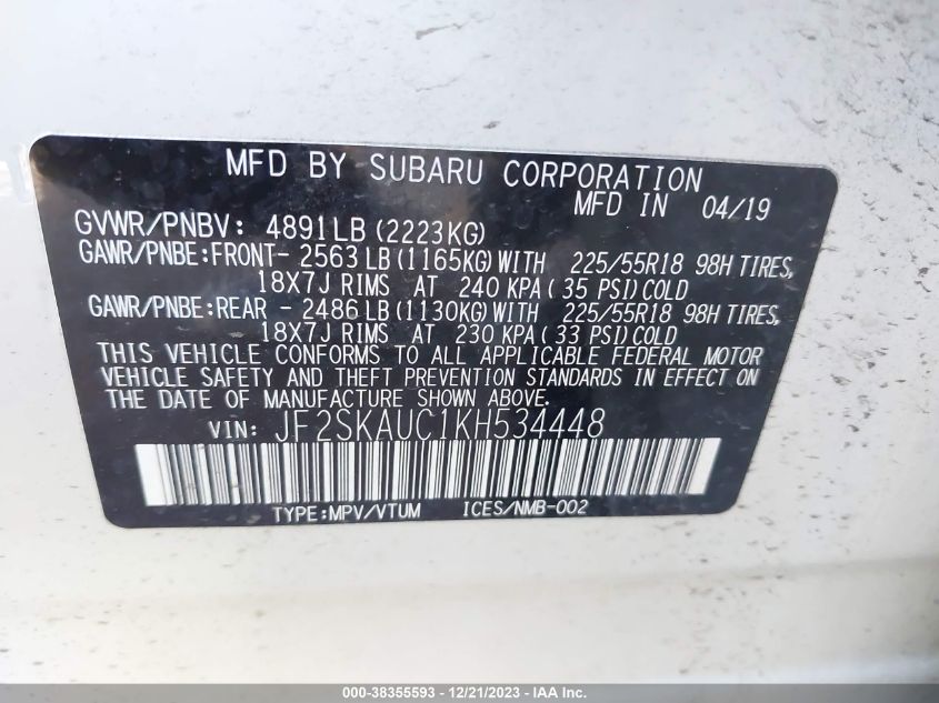 2019 Subaru Forester Limited VIN: JF2SKAUC1KH534448 Lot: 38355593