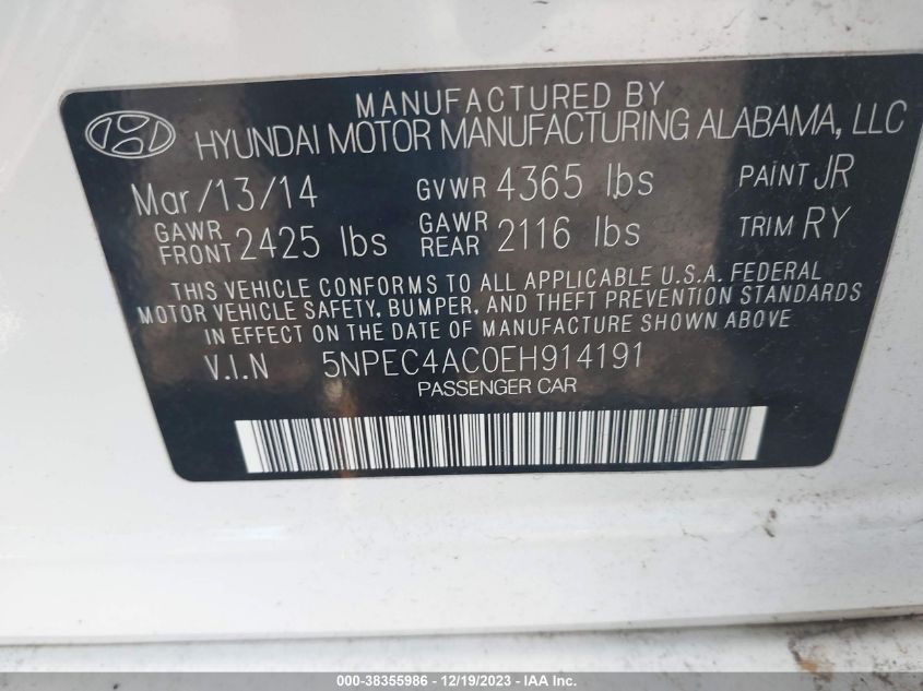 2014 Hyundai Sonata Se VIN: 5NPEC4AC0EH914191 Lot: 38355986