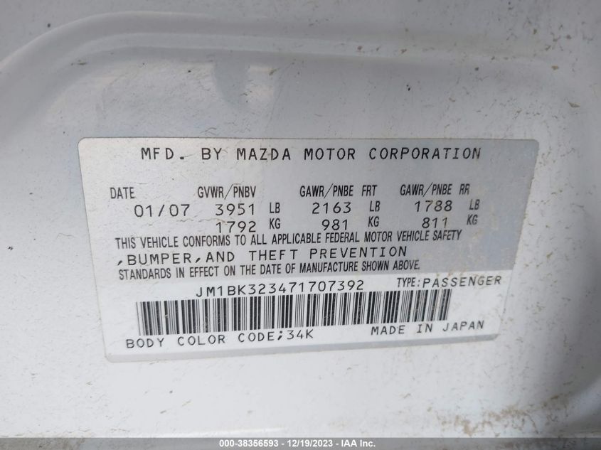 JM1BK323471707392 2007 Mazda Mazda3 S Touring