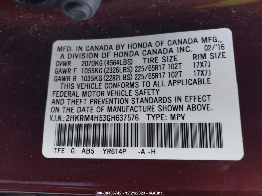 2HKRM4H53GH637576 2016 Honda Cr-V Ex