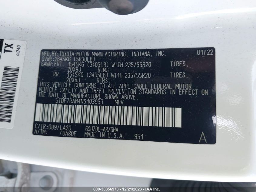 5TDFZRAH4NS103953 2022 Toyota Highlander Platinum