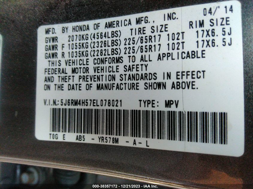 2014 Honda Cr-V Ex VIN: 5J6RM4H57EL078021 Lot: 38357172