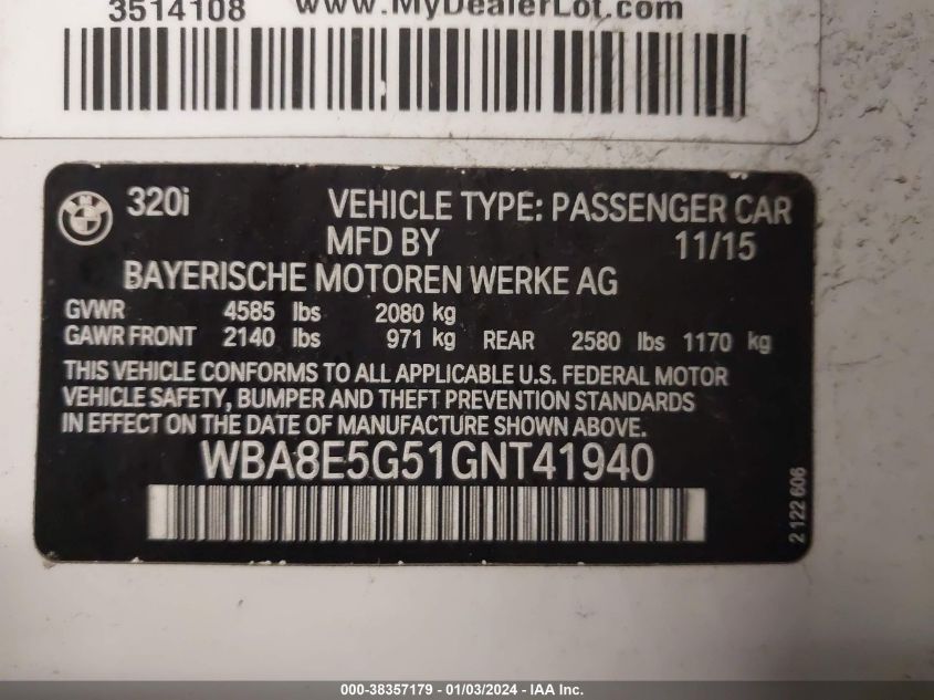 WBA8E5G51GNT41940 2016 BMW 320I xDrive