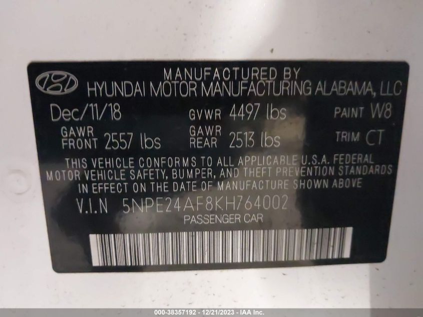 2019 Hyundai Sonata Se VIN: 5NPE24AF8KH764002 Lot: 38357192