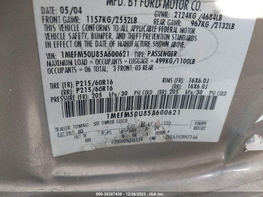 2005 Mercury Sable Gs VIN: 1MEFM50U85A600621 Lot: 38357439