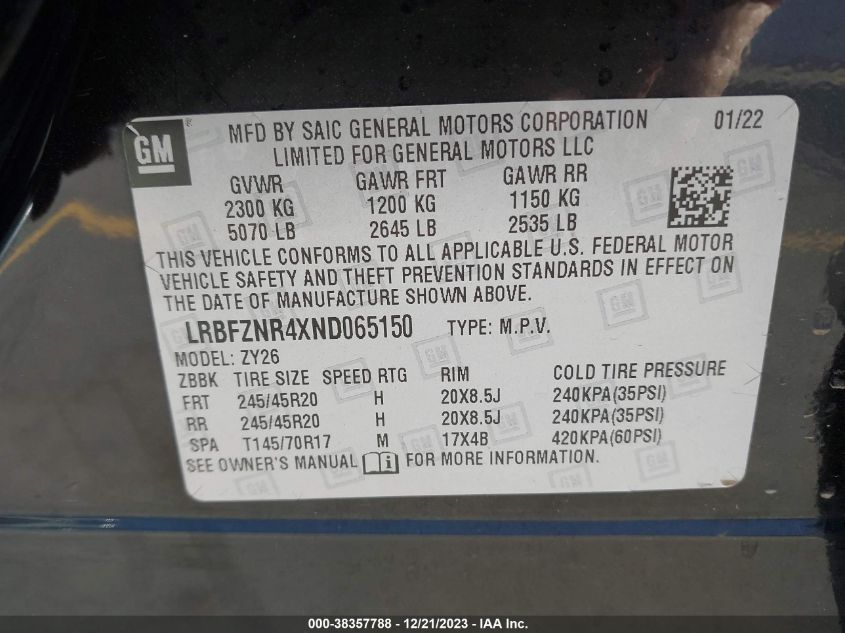 2022 Buick Envision Fwd Essence VIN: LRBFZNR4XND065150 Lot: 38357788