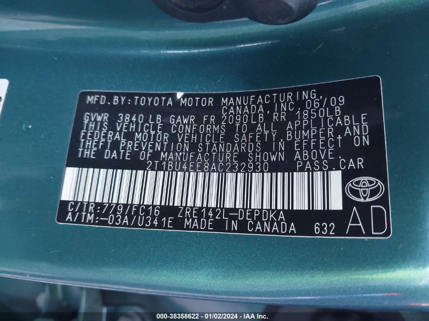 2T1BU4EE8AC232930 2010 Toyota Corolla Le