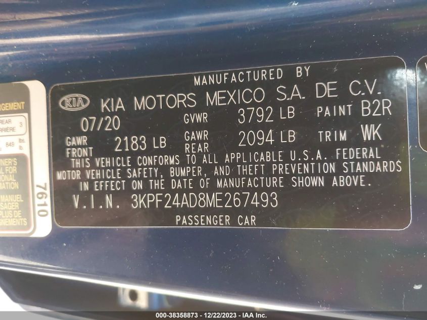 2021 Kia Forte Lxs VIN: 3KPF24AD8ME267493 Lot: 38358873