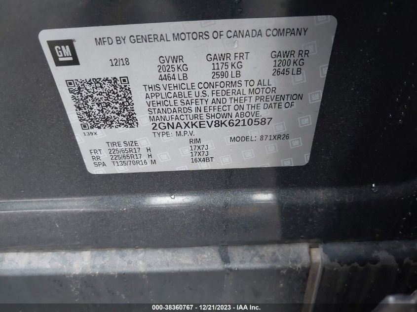 2GNAXKEV8K6210587 2019 Chevrolet Equinox Lt