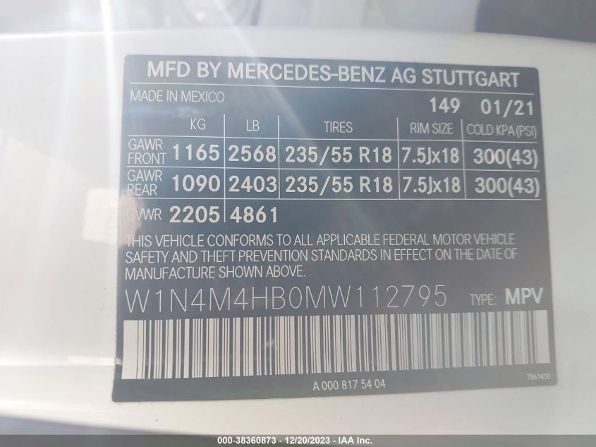 W1N4M4HB0MW112795 2021 Mercedes-Benz Glb 250 4Matic