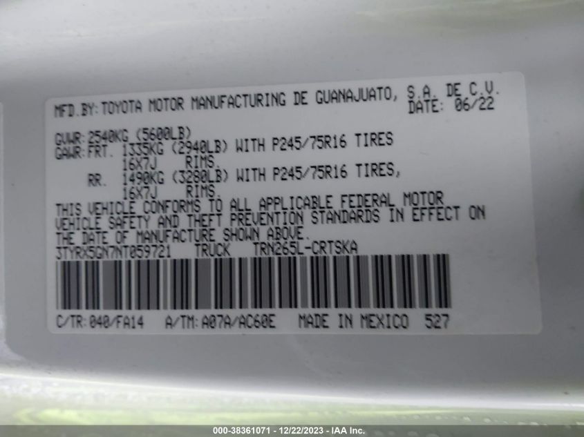 2022 Toyota Tacoma Sr VIN: 3TYRX5GN7NT059721 Lot: 38361071