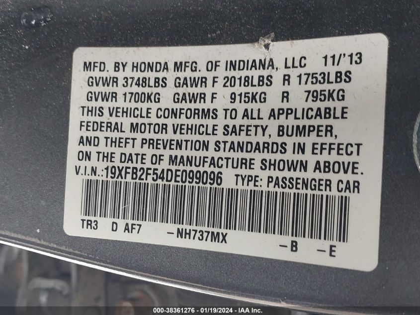 2013 Honda Civic Lx VIN: 19XFB2F54DE099096 Lot: 38361276