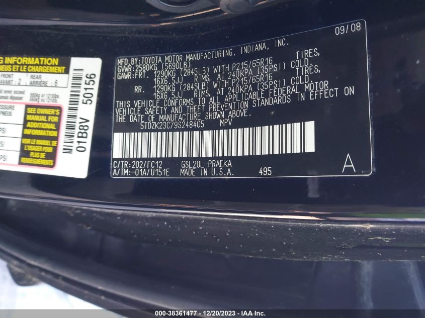 5TDZK23C79S248405 2009 Toyota Sienna Le