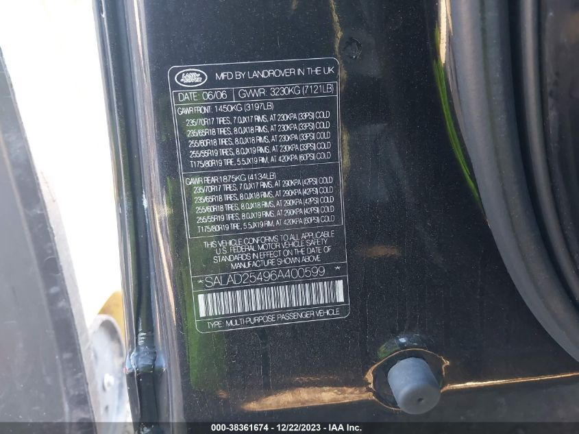 2006 Land Rover Lr3 V8 Se VIN: SALAD25496A400599 Lot: 38361674