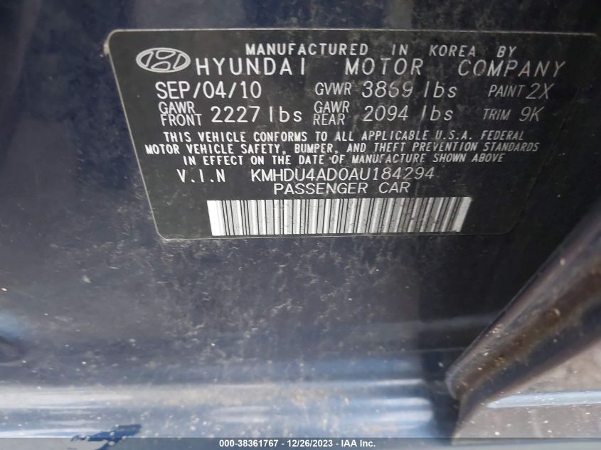 KMHDU4AD0AU184294 2010 Hyundai Elantra Gls