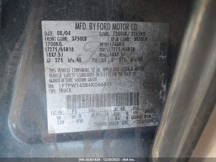 1FTPW14584KD66971 2004 Ford F-150 Fx4/Lariat/Xlt