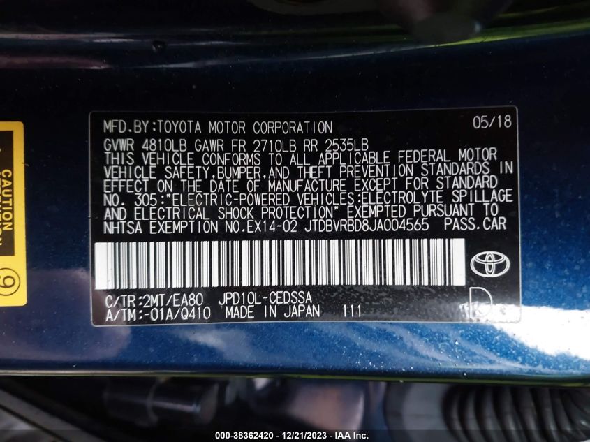 JTDBVRBD8JA004565 2018 Toyota Mirai