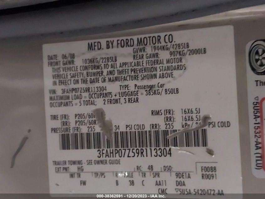 2009 Ford Fusion Se VIN: 3FAHP07Z59R113304 Lot: 38362591