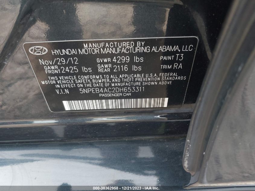 5NPEB4AC2DH653311 2013 Hyundai Sonata Gls