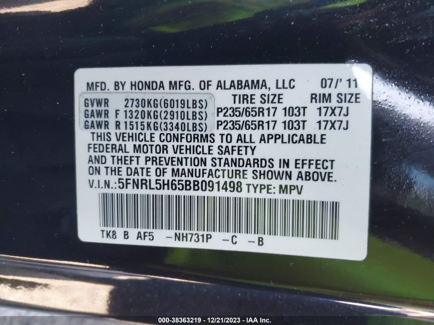 2011 Honda Odyssey Ex-L VIN: 5FNRL5H65BB091498 Lot: 40769595