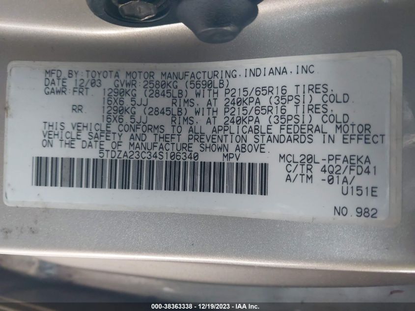 5TDZA23C34S106340 2004 Toyota Sienna Ce