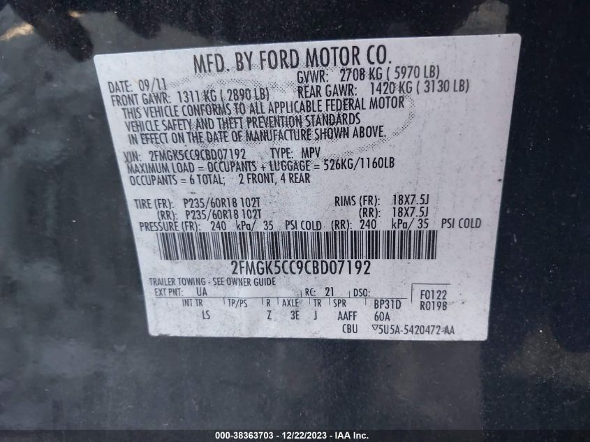 2012 Ford Flex Sel VIN: 2FMGK5CC9CBD07192 Lot: 38363703