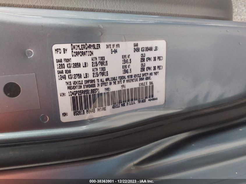 2005 Dodge Caravan Se VIN: 1D4GP25R05B186571 Lot: 38363901